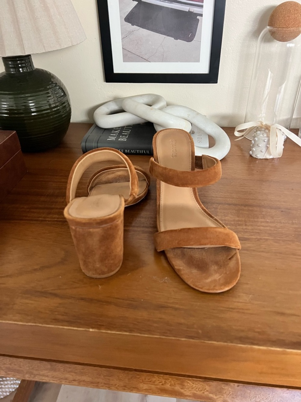 Soludos Two-Strap Suede Block Heel Sandals in Cognac